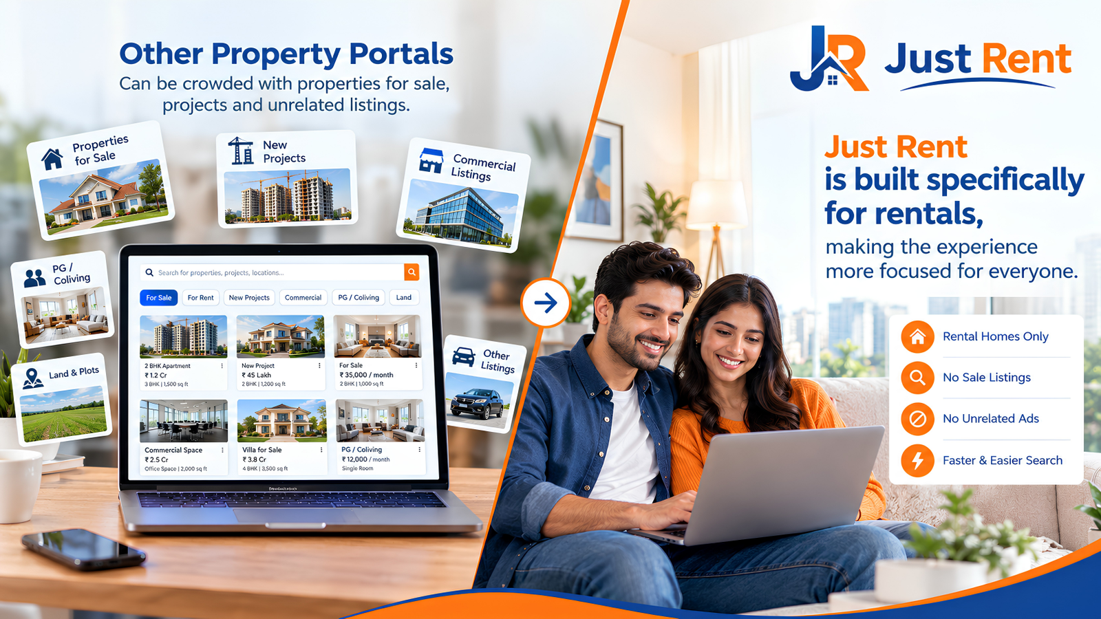 Just Rent compares cluttered property portals with a focused rental-only marketplace.